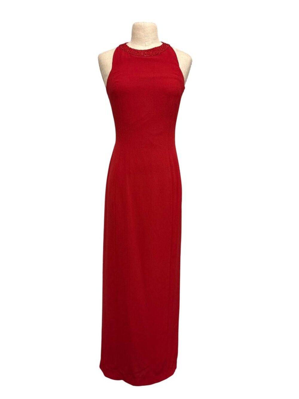 Vintage 90s Y2K Reggio Crimson Red Halter Evening Gown | Beaded Cutout Open Back